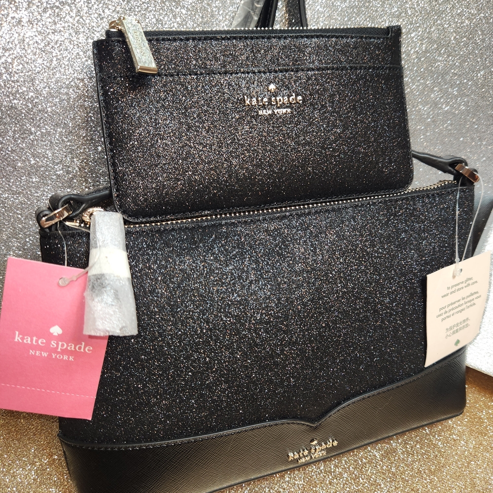 Kate Spade Tinsel GLITTER Black/Gold Crossbody And Slim Wallet ✨️NWT✨️ Set!!